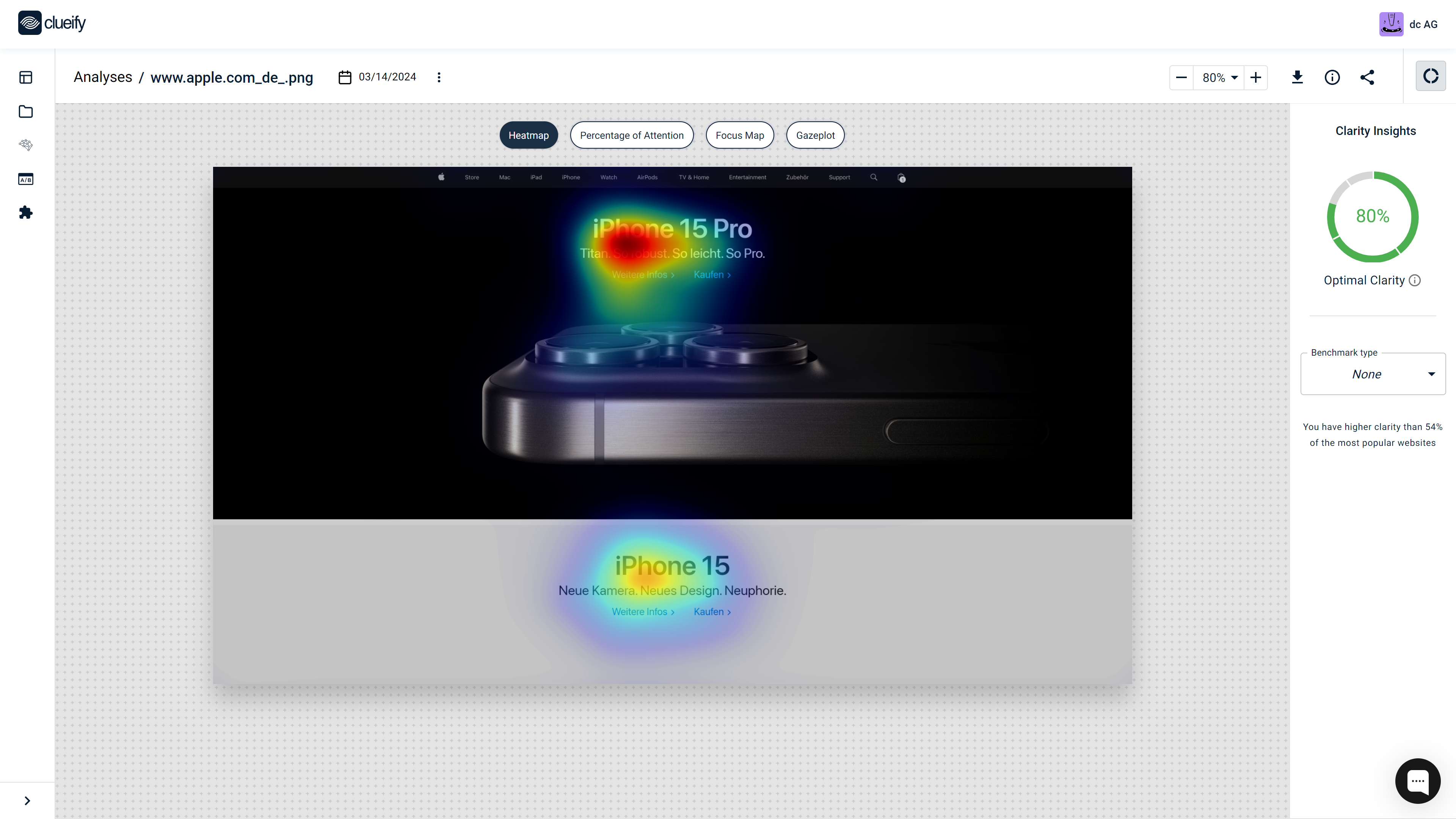 Screenshot der Weboberfläche von Clueify, einem KI-basierten Eyetracking Tool.